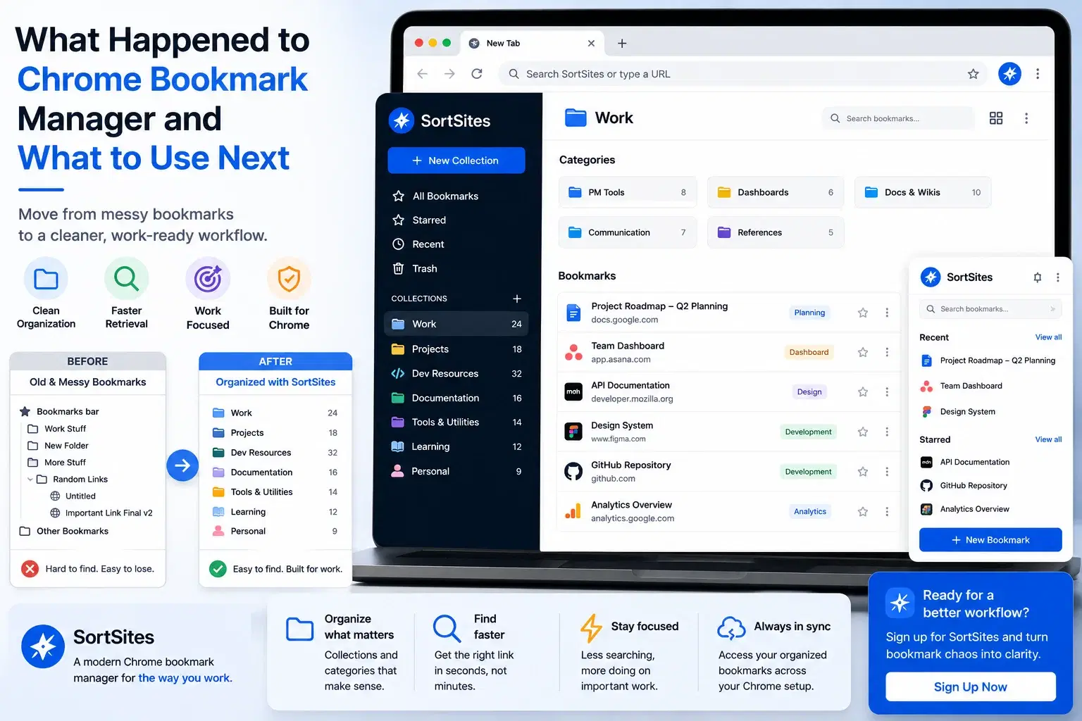 Chrome bookmarks reorganized from an old messy setup into a cleaner workflow