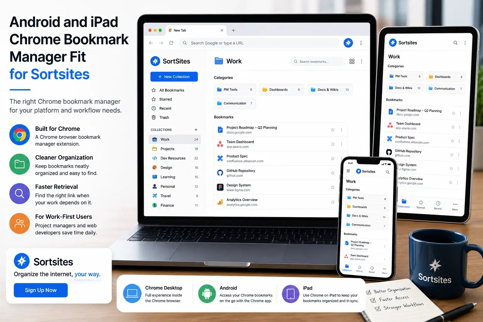 Bookmarks organized across Chrome workflows with desktop and mobile devices nearby